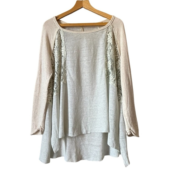 Free People Sweaters - Free People Oversized XS Boho Mixed Media Knit Lace Sweater Cream Baggy Slouchy